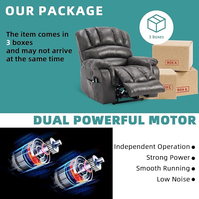 MEETWARM Large Infinite Position Dual Motor Recliner Chair for Big and Tall Elderly Oversized Lay Flat Sleeper Power Lift Recliner with Massage Heat 2 Remote Controls/USB Port/Side Pockets(Gray)