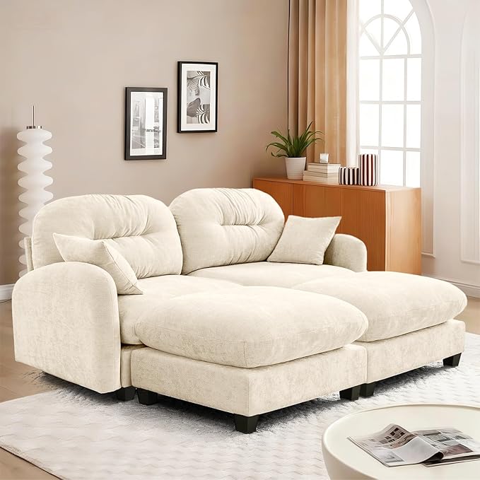 74 Sectional Sofa with 2 Ottomans 2-Seater Sleeper - Chaise Lounge Couch Plush Double-Tone Chenille &amp Ergonomic Support for Apartment Living Beige