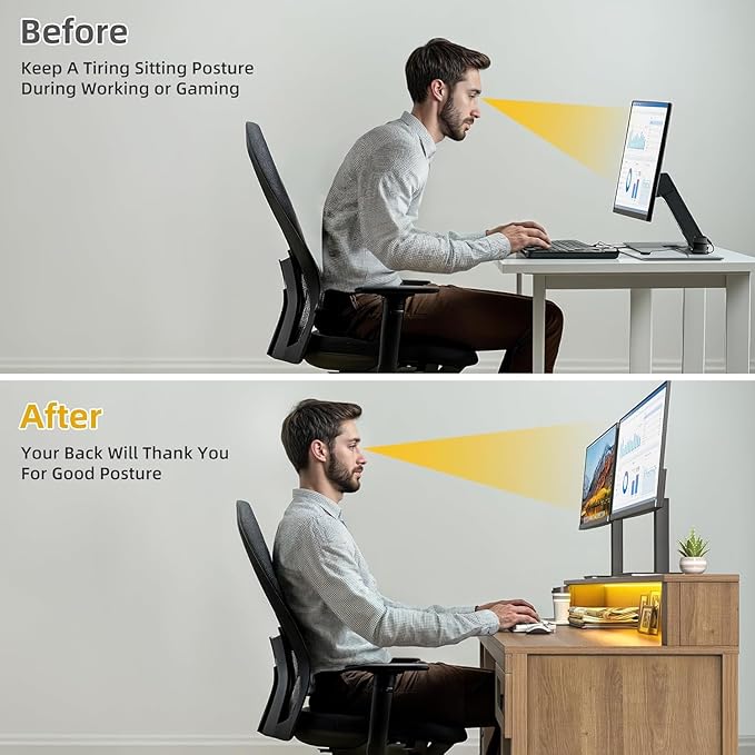 DWVO Farmhouse Office Desk with Drawer &amp Power Outlets Rattan Computer Desk w/LED Strip &amp Monitor Stand for Bedchamber Study Home Office Table w/Storage Cabinet for Working Writing Gaming (O
