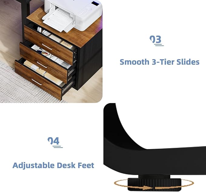 67'' Computer Desk with Drawers Black Desk with Storage and Monitor Stand Home Office Desk with LED Lights Black and Walnut