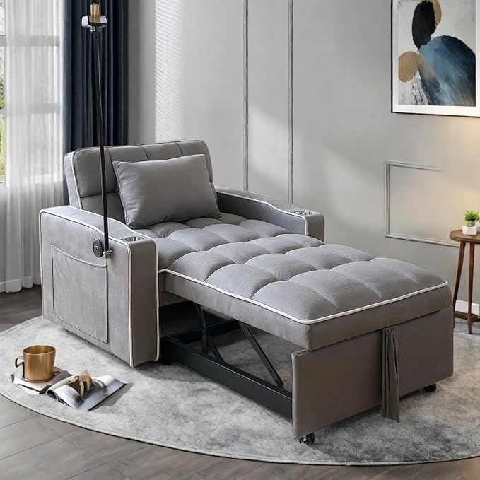 Convertible Sleeper Chair Pull Out Chair Sleeper with Bracket and Cup Holder Chairs Bed Sleepers for Adults 3 in 1 Sofa Bed Chairs for Small Spaces Living Room Dark Gray