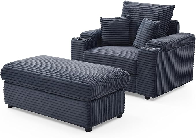 43.3 W Corduroy Chaise Lounge Chair with with Cup Holders &amp Storage Ottoman Comfy Sleeper Chair with 2 Pillow Extra Wide Armrests Modern Deep Seat Reading Armchair for Living Room (Gray)