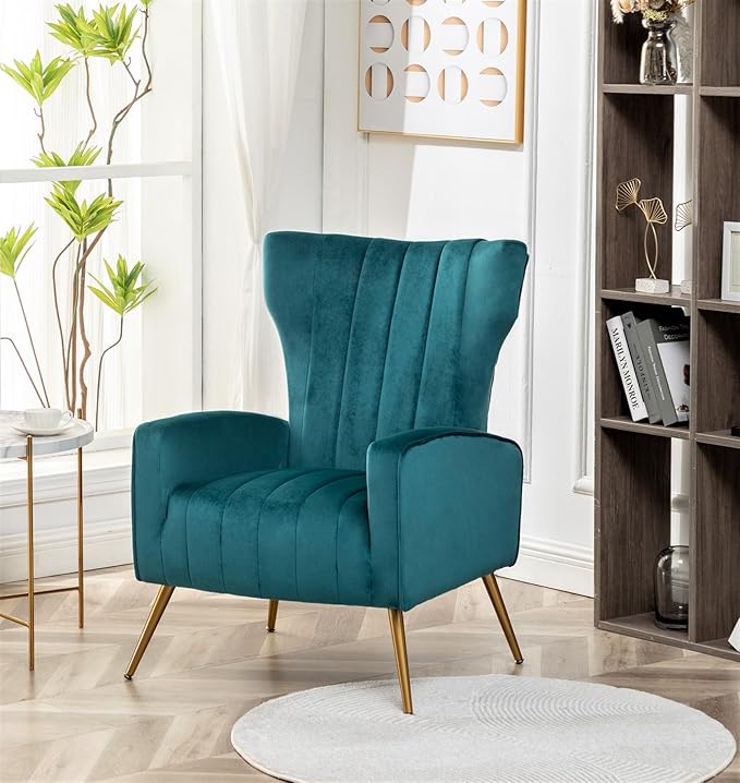 Modern Velvet Accent Chair Channel Tufted Bedroom Office or Living Room Furniture with Elegant Metal Legs 26 Wide Armchair Blueish Green
