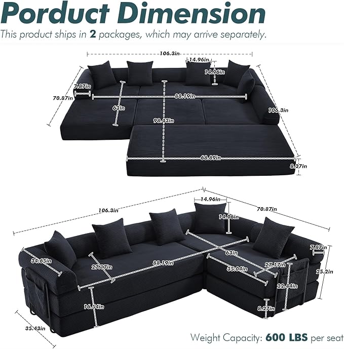 10-in-1 Folding Convertible Sofa Bed 141 Inch Boneless Couch with Fixed-Shape Frame Corduroy Modular Sectional Sofa Mattress Sleeper Sofa Floor Sofa Futon Couch for Living Room (Black)