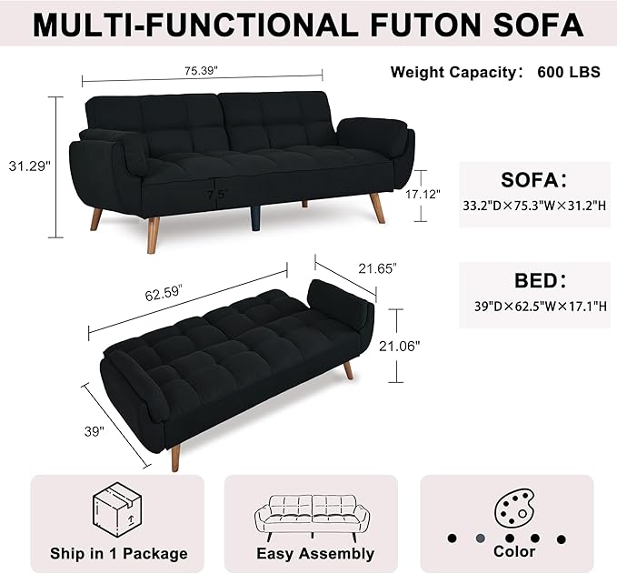 Convertible Futon Couch Bed Sleeper Sofa Bed with Adjustable Backrests Linen Loveseat Sofa 3 Seater Comfy Couch for Small Spaces Living Room Bedroom(Black 75)