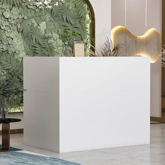 Homsee Reception Desk L-Shaped Office Desk with Counter 1 Door Storage Cabinet 1 Lockable Drawer Hutch Shelf &amp Keyboard Tray White