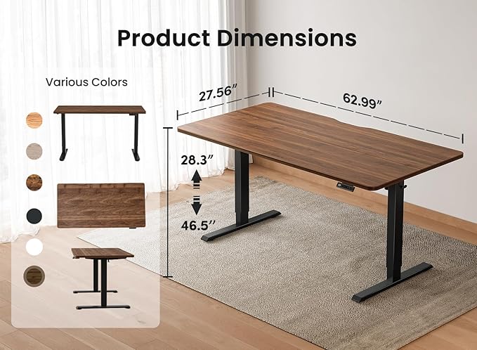 BANTI 63 × 28 Inches Standing Desk Ergonomic Electric Height Adjustable Sit and Stand Up Computer Desk with a Deeper Desktop Black Frame/Black Walnut Top
