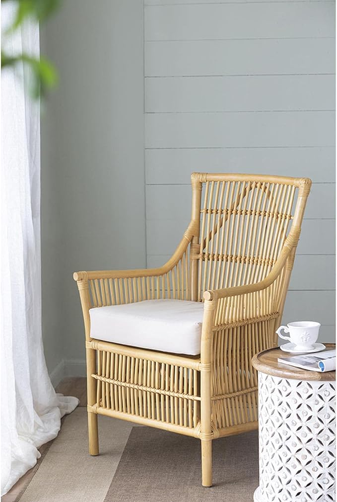 A and B Home 37.8 H Yellow and White Rattan Indoor Arm Chair w/Soft Thick Cushion Traditional Style Chair Side Chair