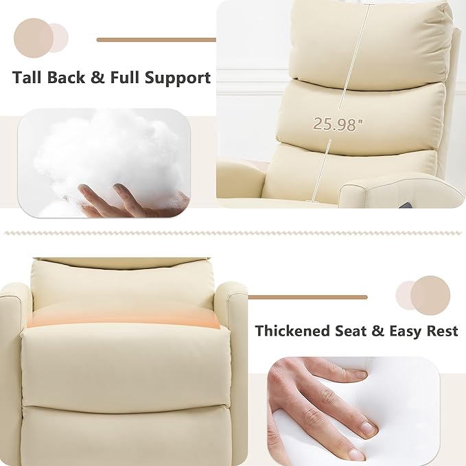 cinkehome Swivel Rocker Recliner Chair Upholstered Nursery Glider Recliner Chair with Heated Massage High Back Side Pocket (Light Yellow PU Leather)