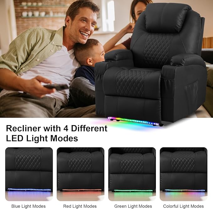 AHMED Power Recliner Chair with Vibration Massage &amp Heat for Adults Faux Leather Home Theater Seating with Cup Holders/LED Lights/USB Ports/Side Pockets for Living Room Black