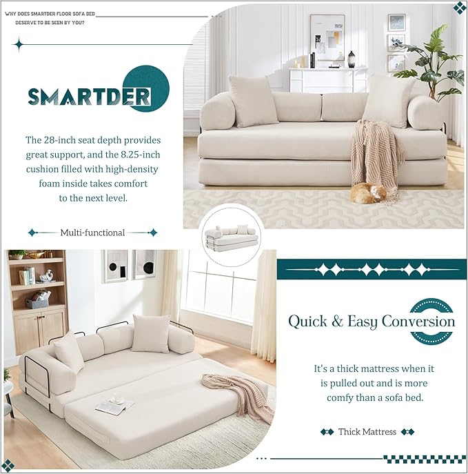 Convertible Folding Sofa Bed Modular Floor Sofa with Removable Backrest 3-Seater Fold Out Couch Bed with Pillows King Size Futon Lazy Couch Corduroy Sleeper for Living Room Dorm Beige