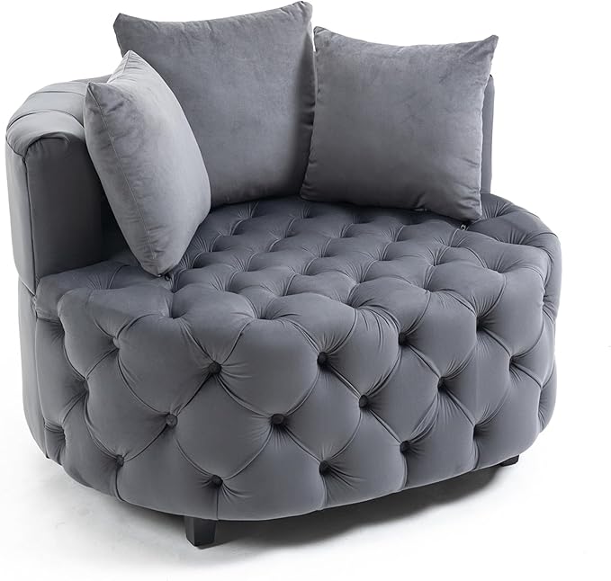 Setawix 40.6 W Round Barrel ChairModern Velvet Upholstered Accent Arm Chairs for Living RoomButton Tufted Club Chair OversizedLuxury Single Lounge Sofa Chair for BedroomOfficeHotel (Grey)