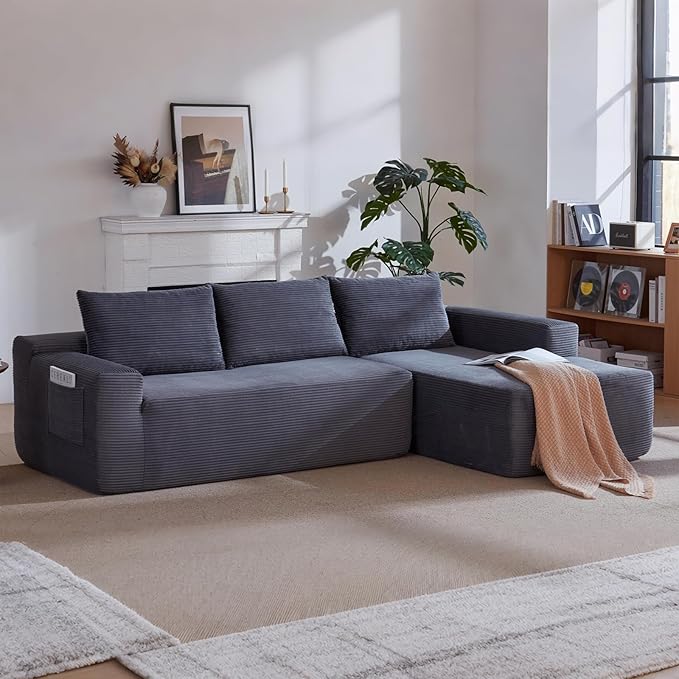 97 Cloud Sectional Couch Modern Boneless Couch with L-Shape Chaise Deep Seat Modular Sectional Sofa Corduroy Corner Foam Couches for Living RoomNo Assembly Required(Gray Right Chaise)