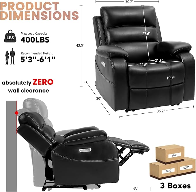 EONIX Real Zero Wall Hugger Recliners Dual Motor Zero Clearance Power Recliners for Small Spaces RV Recliner Chair for Living Room with Heat and Massage SXXY003992 Black