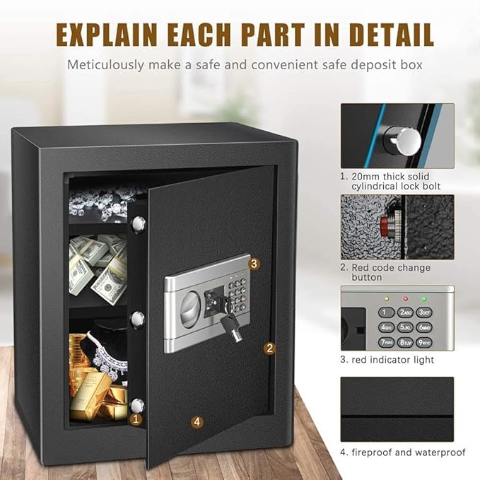 Fireproof Waterproof 43. 3L Digital Large Capacity Electronic File Cabinets Steel Plate Material with Emergency Override Key Apply to Hotel Business Jewelry Cas