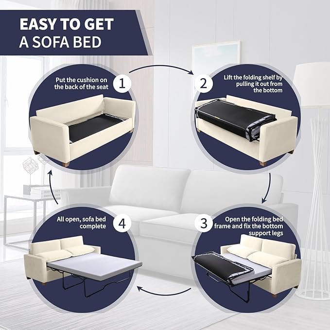 iJuicy Full Size Pull Out Couch Velvet Sofa With Foam Mattress 2-in-1 Sleeper for Living Room Apartment Small Spaces (Beige)