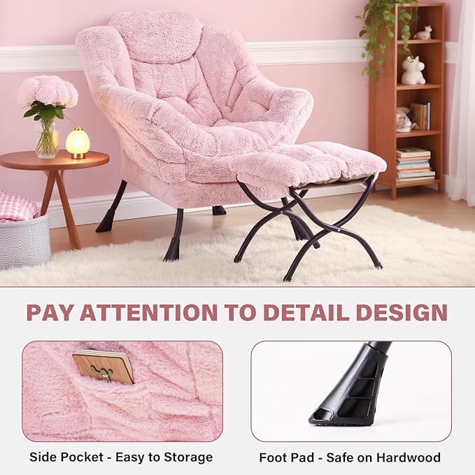 Tiita Lazy Chair with Ottoman Pink Modern Large Accent Chair Comfy Leisure Sofa Armchair with Ottoman Reading Chair with Footrest for Bedroom Living Room Dorm Rooms Plush Pink