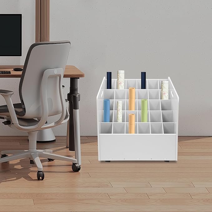 Mobile Roll File Storage Organizer with Wheels 30 Slots White Mobile Files Storage Cabinet Construction Plan Holders Roll Files Storage for Office School (30 Slots White)