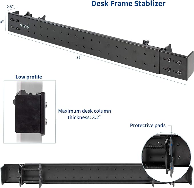 VIVO Black Universal Steel Clamp-on Desk Stabilizer Bar for Sturdy Reinforced Workstation 36 to 61.6 inch Bracket Support System for Sit to Stand Desk Frames Expandable Width Adjustment DESK-STB01B