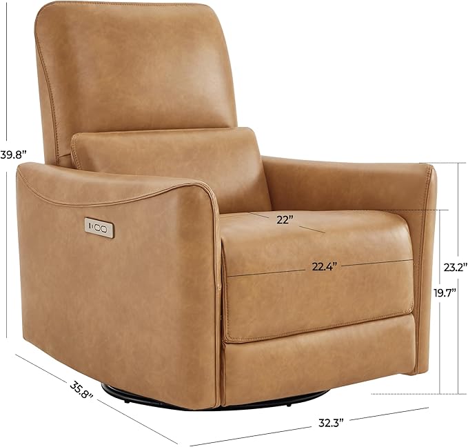 CHITA Power Recliner Chair Swivel Glider FSC Certified Upholstered Faux Leather Living Room Nursery Reclining Sofa Chair with Lumbar Support Cognac Brown