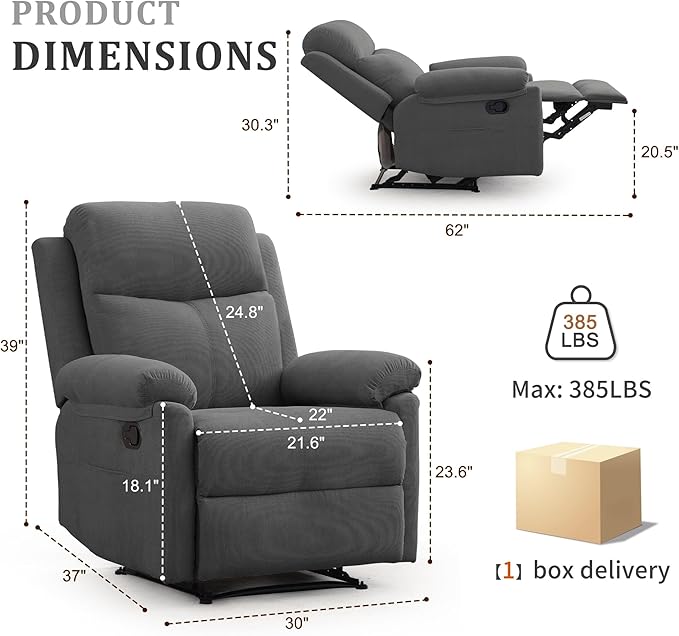 Recliner Chair Manual Recliner for Adults with Side Pocket Small Recliners for Small Spaces Adjustable Comfy Overstuffed Corduroy Reclining Chairs for Living Room Reading Bedroom Grey