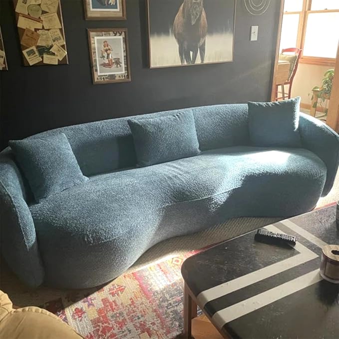 KEVINSPACE Curved Sofa Couch 93.6 3-Seater ModernCouch CurvedSofas for Living Room Boucle Sectional SofaCouch Comfy Cloud Upholstered Sofawith Pillows for Bedroom Office Apartment Blue