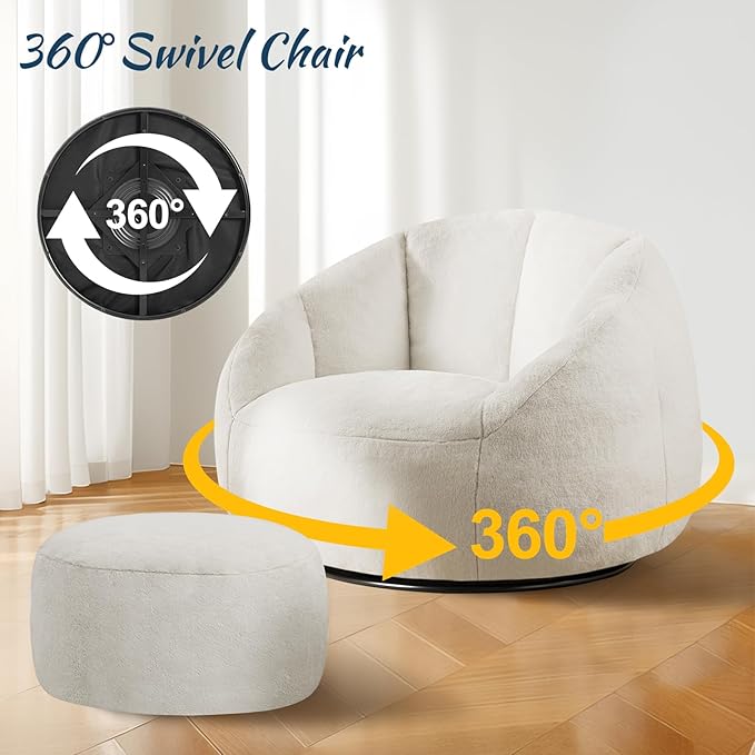 Oversized Fluffy Swivel Accent Chair with Ottoman 360 Degree Rotating Barrel Lounger Set Modern Cozy Reading Nook Chair with Footrest Plush Faux Fur Fabric &amp High-Density Memory Foam Beige