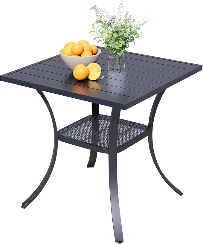 27.6 Square Outdoor Patio Table All-Weather Metal Patio Table with Storage ShelfOutdoor Dining Table for Lawn Garden Porch Black