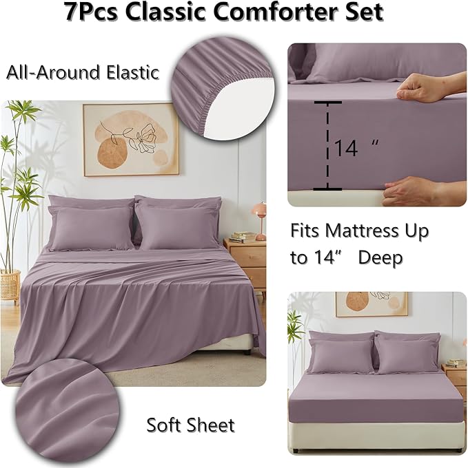 CozyLux Full Size Comforter Sets Dusty Purple - 7 Pieces Bed in a Bag Full Soft Bed Set for All Seasons Bedding Set with Down Alternative Comforter Sheets Pillowcases &amp Shams Grayish Purple