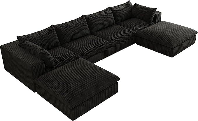 157.6 Modular Sectional Sofa Cloud Couch with 2 Ottoman Modern Boneless Couch with Plush Corduroy Fabric No Assembly Fluffy Deep Seat Upholstered Sofa for Living Room (Black U Shape)
