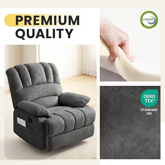 Oversized Swivel Rocker Recliner Chair with Large Footrest &amp High Back- 360° Rotation &amp Gentle Rocking for Living Room Nursery350lbs CapacityTool-Free Assembly(Gray)