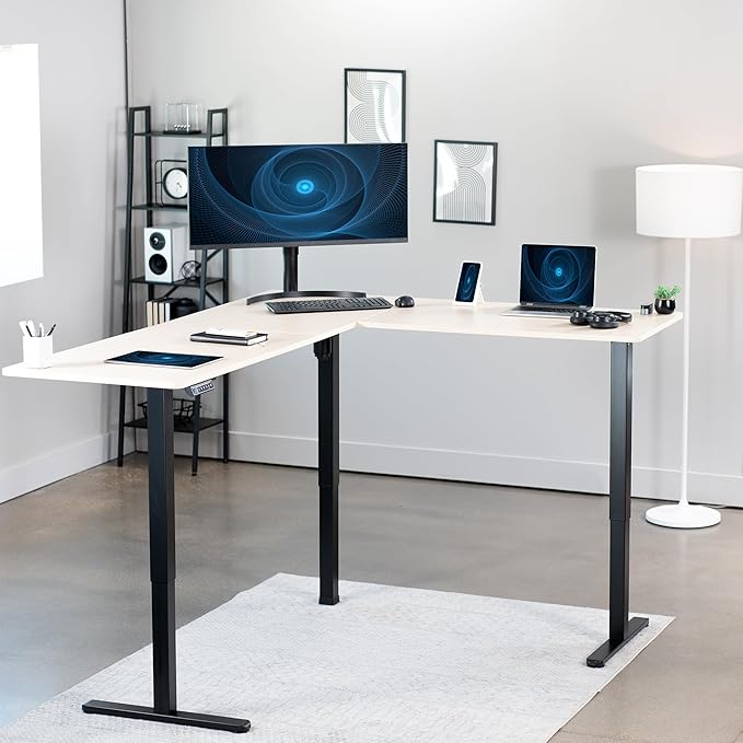 VIVO Corner Standing Desk 75 x 63 inch Reversible L-Shaped Workstation Electric Height Adjustment Home Office and Reception Rooms Light Wood Table Top Black Frame DESK-E3CTBC-75