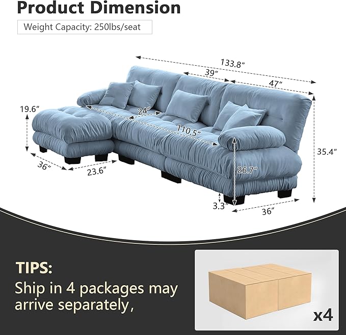 Oversized Modular Sectional Sofa 133.8 Inch L Shaped Couch Set for Living Room 3-Seater Comfy Chenille Cloud Couches with Movable Ottoman Square Handrail Blue