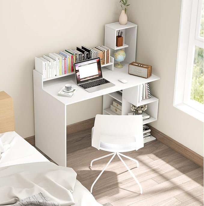 Tangkula White Desk with Storage Bookshelf &amp Hutch 48” Modern Home Office Desk with 8 Storage Shelves Space Saving Writing Study Desk for Bedroom Compact Computer Workstation for Home