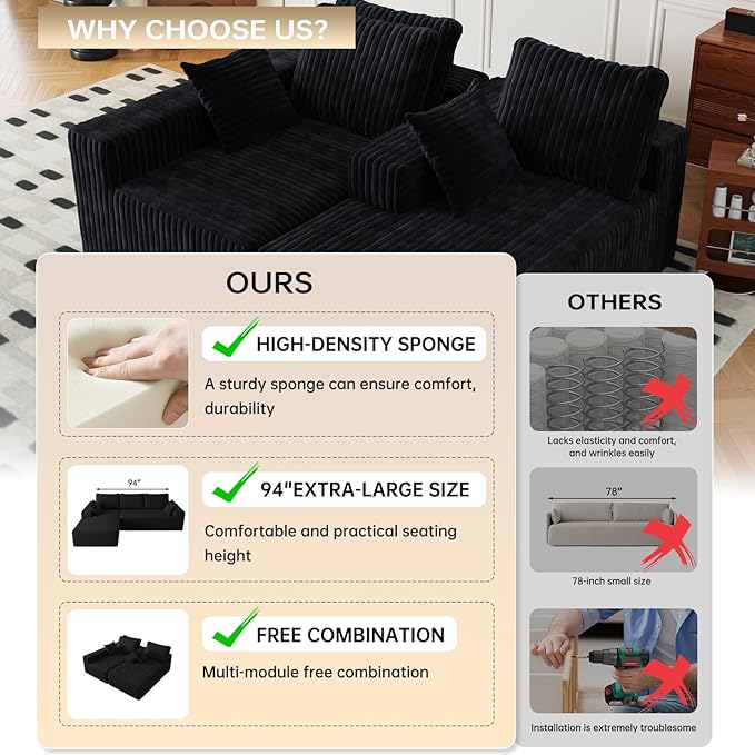 96 Cloud Sectional Couch with L-Shape Chaise4 Seat Modern Modular Sofa with Side PocketsUpholstered Couches for Living Room Bedroom Boneless CouchNo Assembly Required