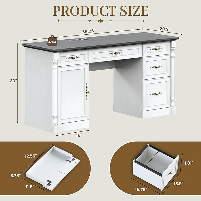 60 Farmhouse Executive Desk with Charging Station Home Office Desk with Drawers &amp File Cabinet Storage Keyboard Tray Wood Computer Desk with Storage for Work and Study Antique White