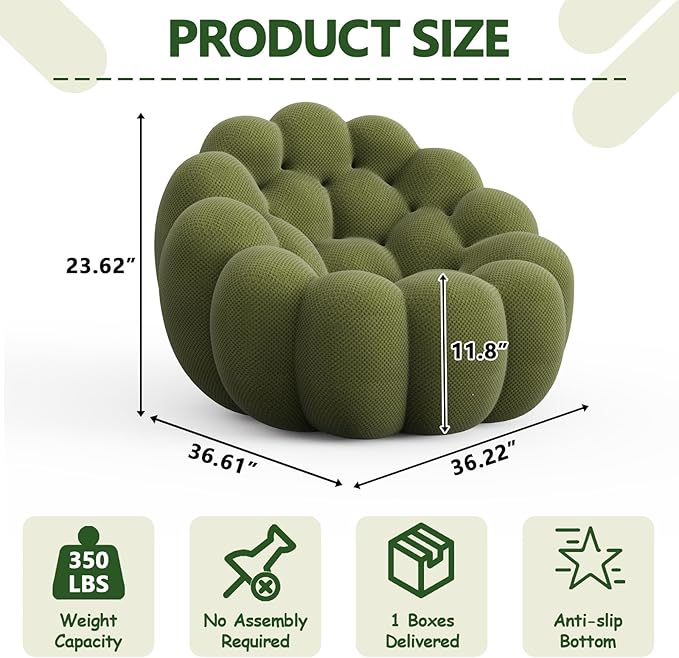 Bean Bag Grey Chair for Bedroom Small Comfy Chairs for Living Room Small Space Comfortable Corner Reading Chair for Adults/Teens No Assembly Required 350 LBS Capacity (Green)