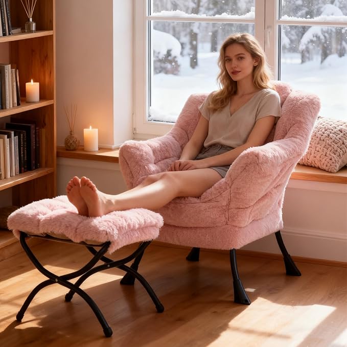 Welnow Lazy Chair with Ottoman Modern Accent Chair with Armrests and a Side Pocket Leisure Sofa Armchair Set Reading Armchair with Footrest for Small Space Plush Pink