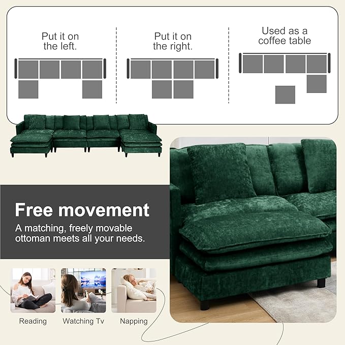 143.3 Cloud Sectional Couches for Living RoomConvertible U-Shape Couch with Ottoman3 Seater Modular Sectional Sofa with Pillows (Green 4 Seater + 2 Ottoman)