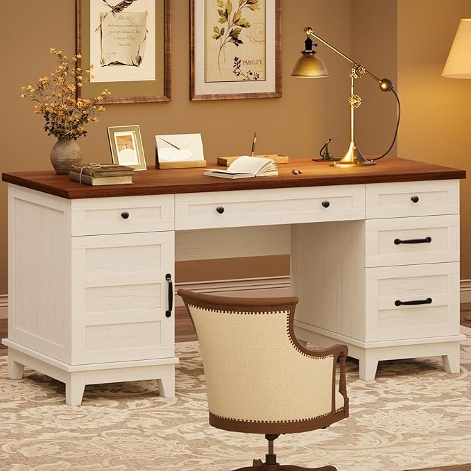 60 Inch Farmhouse Computer Desk with Charging Station &amp File Cabinet Wooden Office Desk with Power Outlets USB Ports and Ample Storage Drawers for Home Workspace Executive Writing Table.