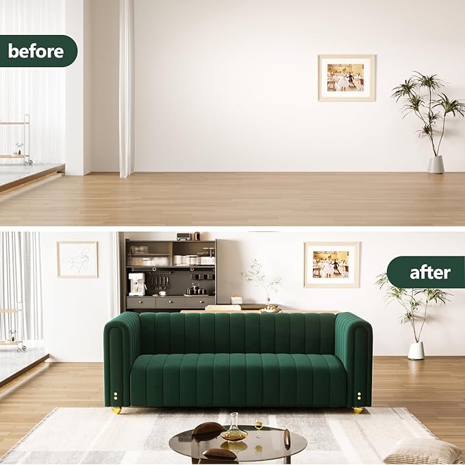 81.3'' Green Velvet Modern Mid Century Deep Seat Sofa Oversized 3-Seater Loveseat Comfy Couch for Living Room and Apartment Furniture