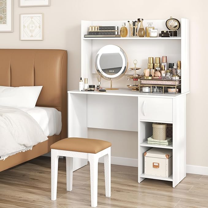 Tangkula Computer Desk with Hutch Home Office Desk with Raised Display Shelf &amp 2 Open Shelves Cabinet with Door Cable Management Holes Modern Laptop PC Desk Study Writing Desk for Bedroom