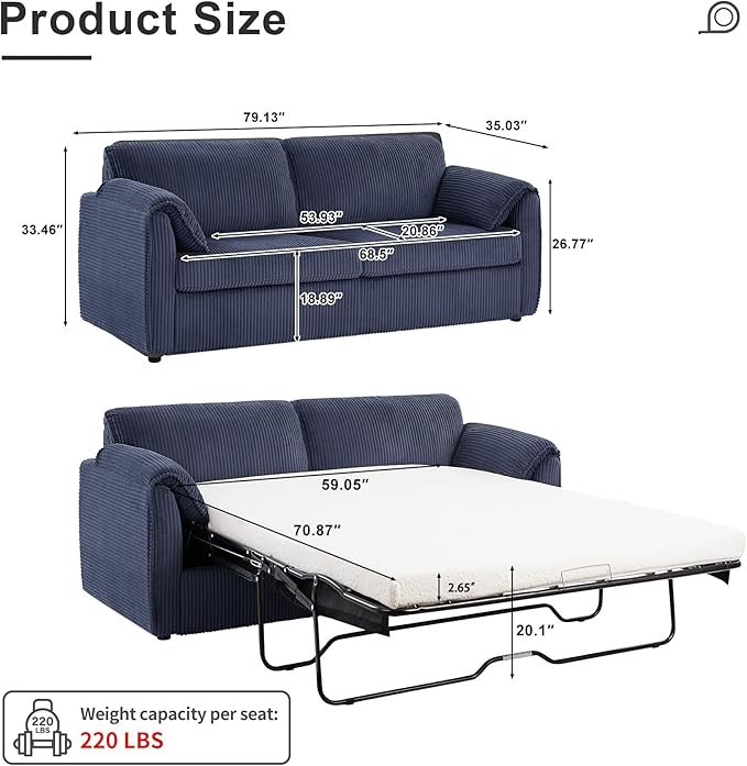 Pull Out Sofa Bed Corduroy Queen Sleeper Sofa Couch with Foam Mattress Large Sleeper Pullout Couch Bed for Living Room Office Queen Size (Blue)