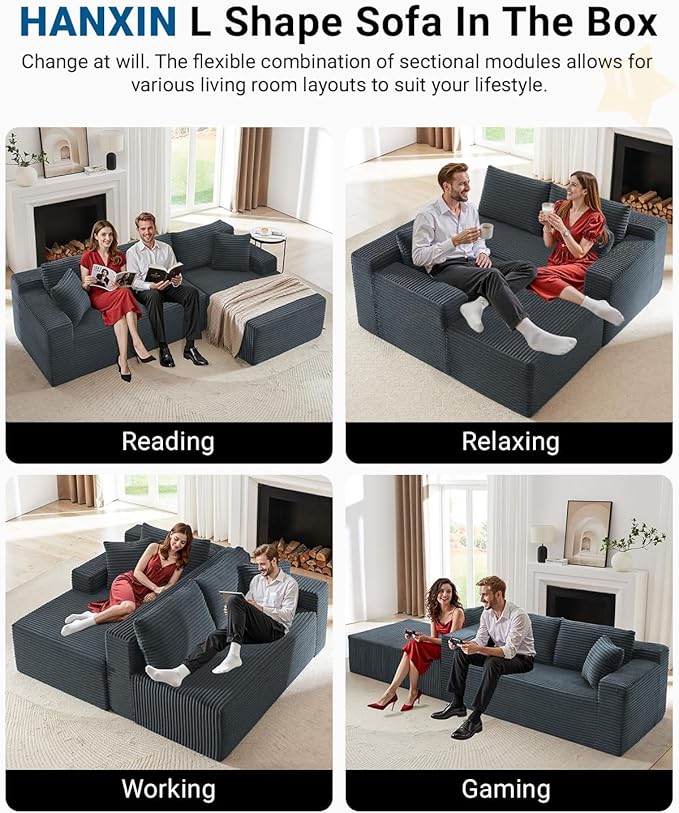 Cloud Couch Sectional L Shaped Boneless Couch Sectional Couches for Living Room Modern Comfy Corduroy Fluffy Modular Sofa with Deep Seat No Assembly (Grey Right Facing Chaise)
