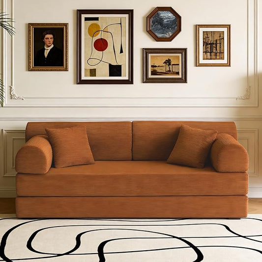 KEIKI 78 2Seat Sleeper Corduroy Sofa Couch for Creative Studio Bedroom Studio Family Friendly Creative Types Luxurious Elegant Sophisticated Refined Design Stylish Design Orange
