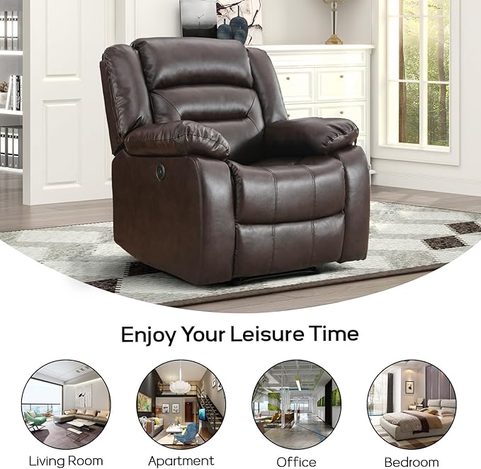 EBELLO Faux Leather Power Recliner Chair Oversized Electric Overstuffed Reclining Chair with Thick Cushion and Back Single Sofa with Comfortable Armrest USB Charge Port Brown (Recliner)