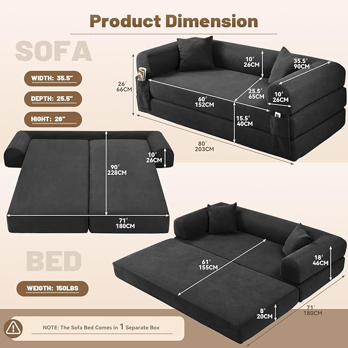 Convertible Futon Sofa Bed80 Folding Pull Out Couch Bed with Pillows &amp StorageQueen Sleeper Sofa BedCompressed Couch in a BoxCorduroy Boneless Couches for Living RoomDeep Gray
