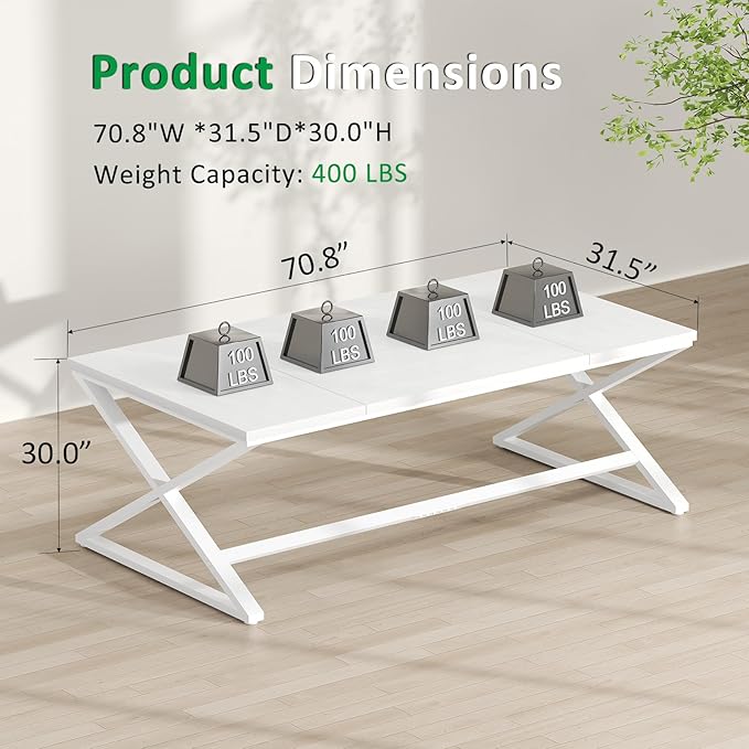 IBF Long White Computer Desk Modern Simple Large Home Office Desk Wood Metal Work Study Writing Table for 2 Monitors Double Pc Gaming Executive Workstation in Bedroom Living Room White Oak70 in