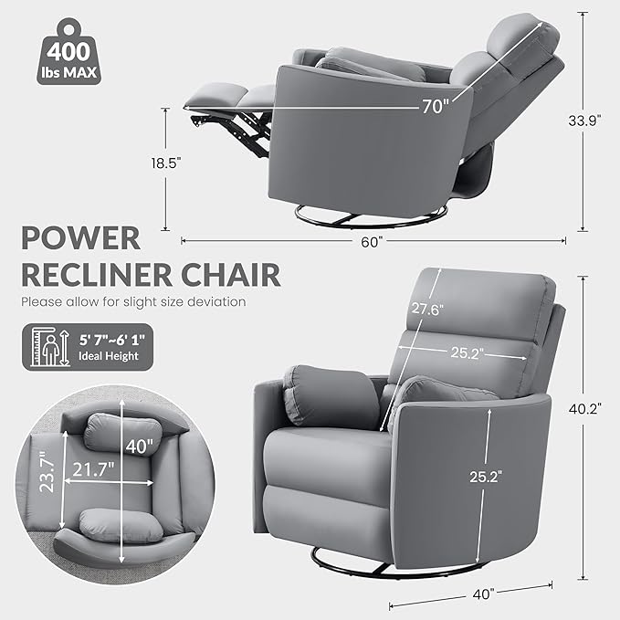 GRAINELL Oversize Power Swivel Recliner 40in Wide Electric Glider Rocking Chair with Headrest Adjustment USB Port 270° Swivel Rock 30°– for Living Room Nursery Leather Grey (57' to 61' Height)