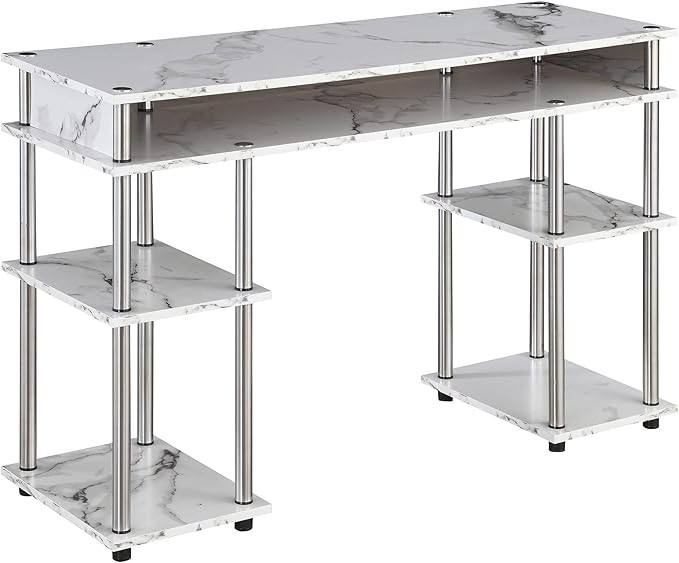 Convenience Concepts Designs2Go No Tools Desk Home Office Desk with Shelves Corner Shelf Vanity Desk Computer Desk Nail Table for Nail Tech - 47.25 L x 15.75 W x 30 H White Faux Marble